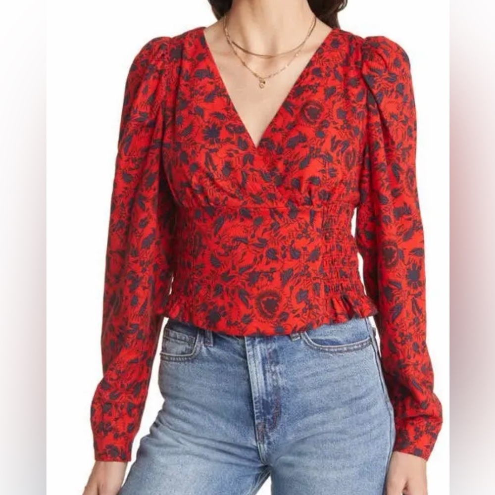 Smocked Wrap Front Puff Shoulder Top